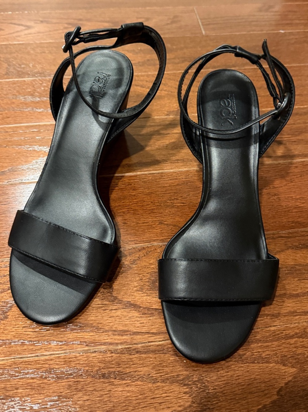 BCBG Minimal Black Leather Ankle-Strap Heels